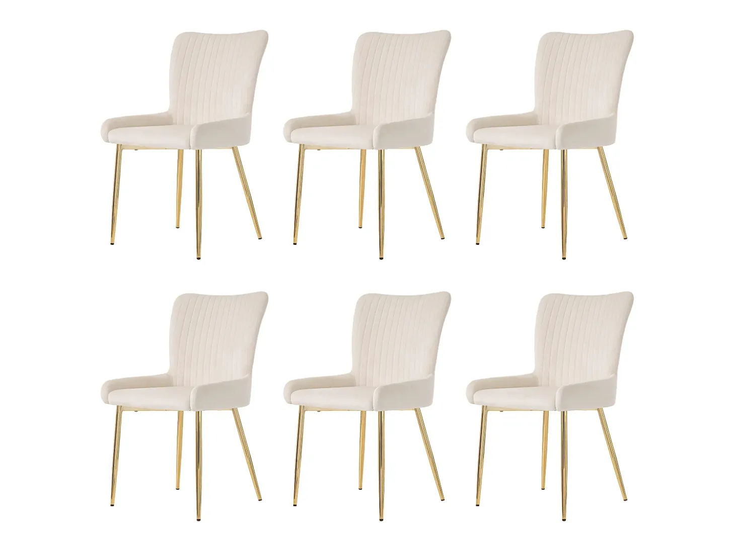Silla de comedor de terciopelo, lote de 6, tumbona con cuatro patas de metal dorado, beige