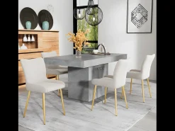 Silla de comedor de terciopelo, lote de 6, tumbona con cuatro patas de metal dorado, beige