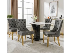 Silla de comedor de terciopelo gris con aro decorativo y patas de acero inoxidable dorado, 4 piezas (50,5 x 45 x 95 cm)