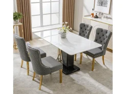 Silla de comedor de terciopelo gris con aro decorativo y patas de acero inoxidable dorado, 4 piezas (50,5 x 45 x 95 cm)