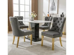 Silla de comedor de terciopelo gris con aro decorativo y patas de acero inoxidable dorado, 4 piezas (50,5 x 45 x 95 cm)
