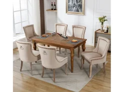 Silla de comedor de terciopelo beige con patas de madera maciza, diseño elegante con clavos decorativos (55x61x91 cm)