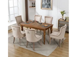 Silla de comedor de terciopelo beige con patas de madera maciza, diseño elegante con clavos decorativos (55x61x91 cm)