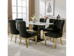 Silla de comedor de terciopelo con aro decorativo y tachuelas, patas de acero inoxidable dorado – negro