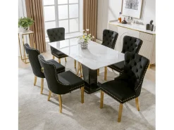 Silla de comedor de terciopelo con aro decorativo y tachuelas, patas de acero inoxidable dorado – negro
