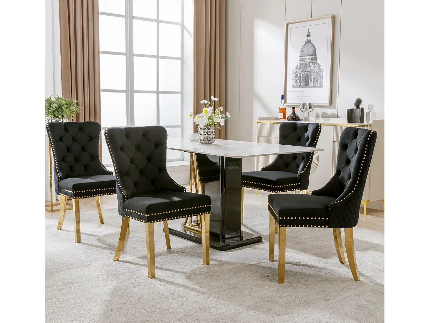 Silla de comedor de terciopelo, clavos decorativos, patas de acero inoxidable dorado, Negro/Dorado (50,5x45x95 cm)