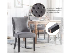 Silla de comedor de terciopelo gris con cómodas patas de madera maciza y diseño acolchado, juego de 2