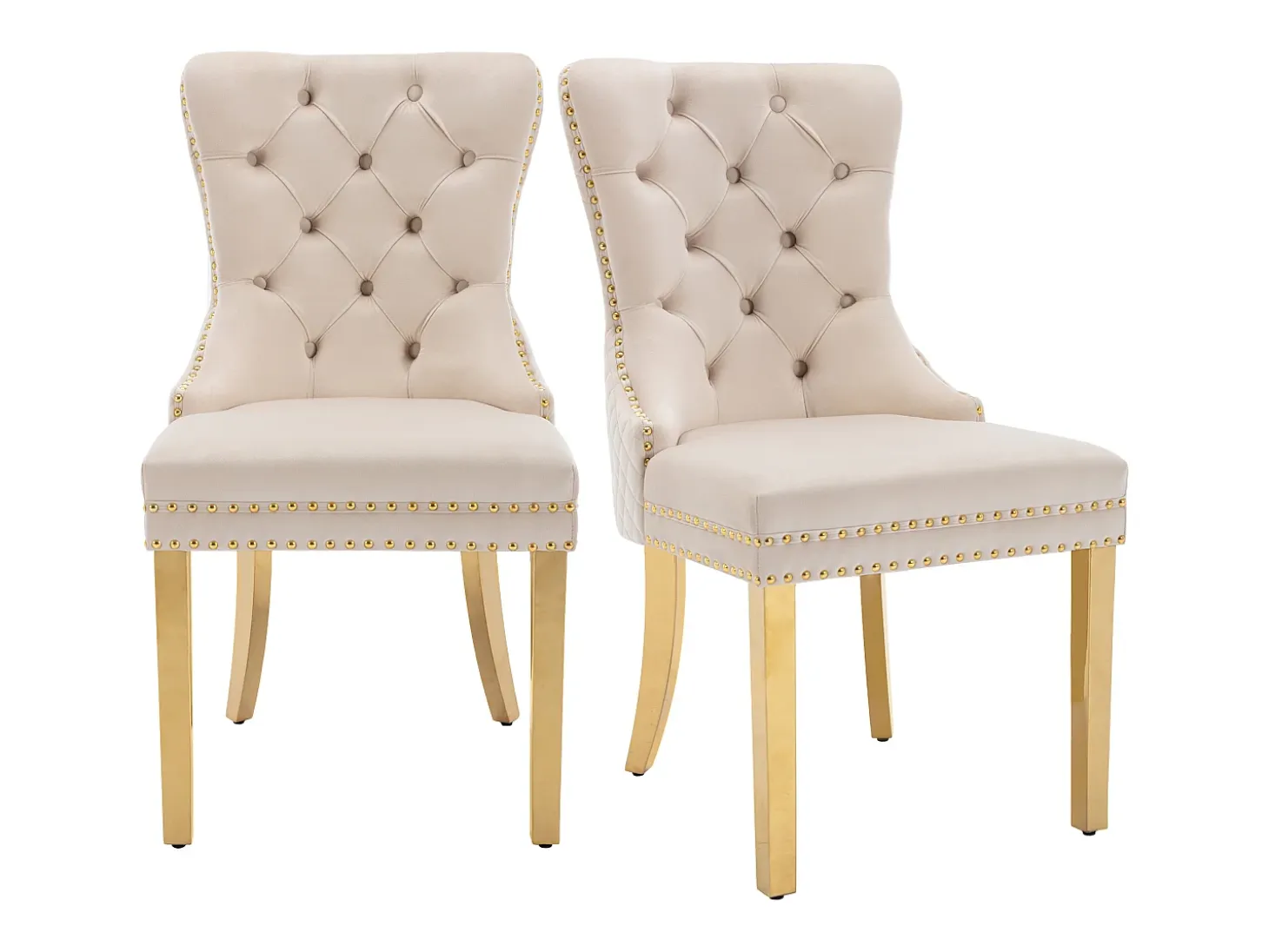 Silla de comedor de terciopelo, clavos decorativos, patas de acero inoxidable dorado, beige/dorado (50,5x45x95 cm)