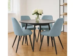 Silla de comedor Kety en microfibra azul claro con patas de metal negro