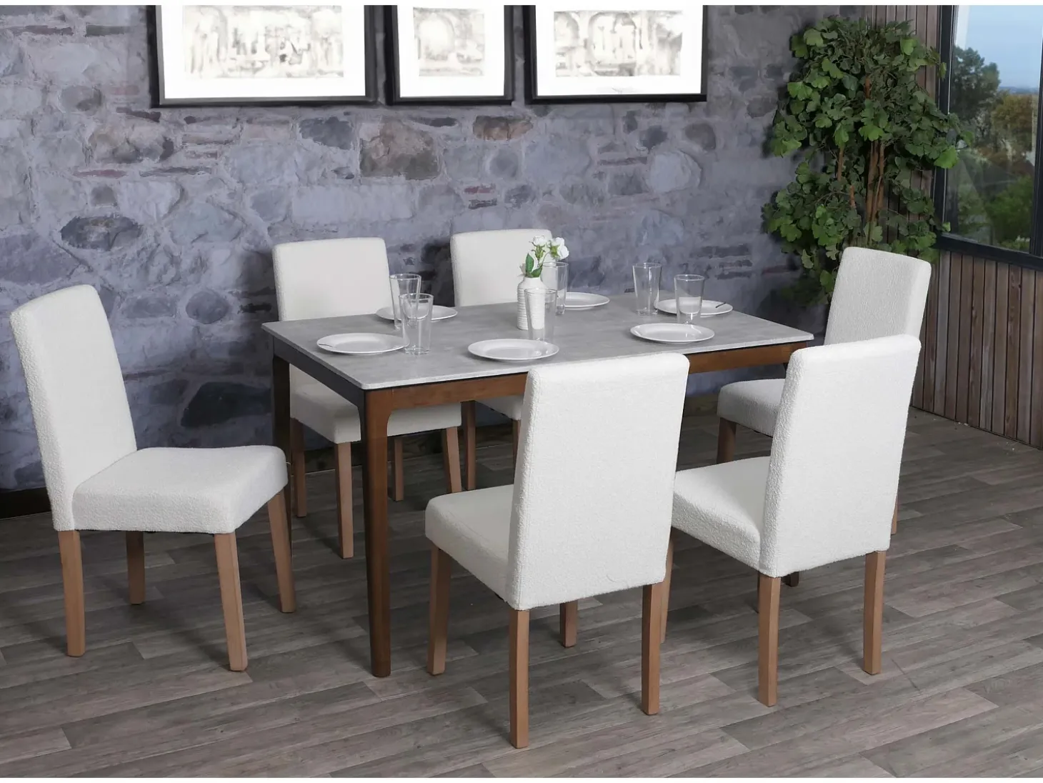 Silla de comedor Littau bouclé (set de 4), crema, patas color natural