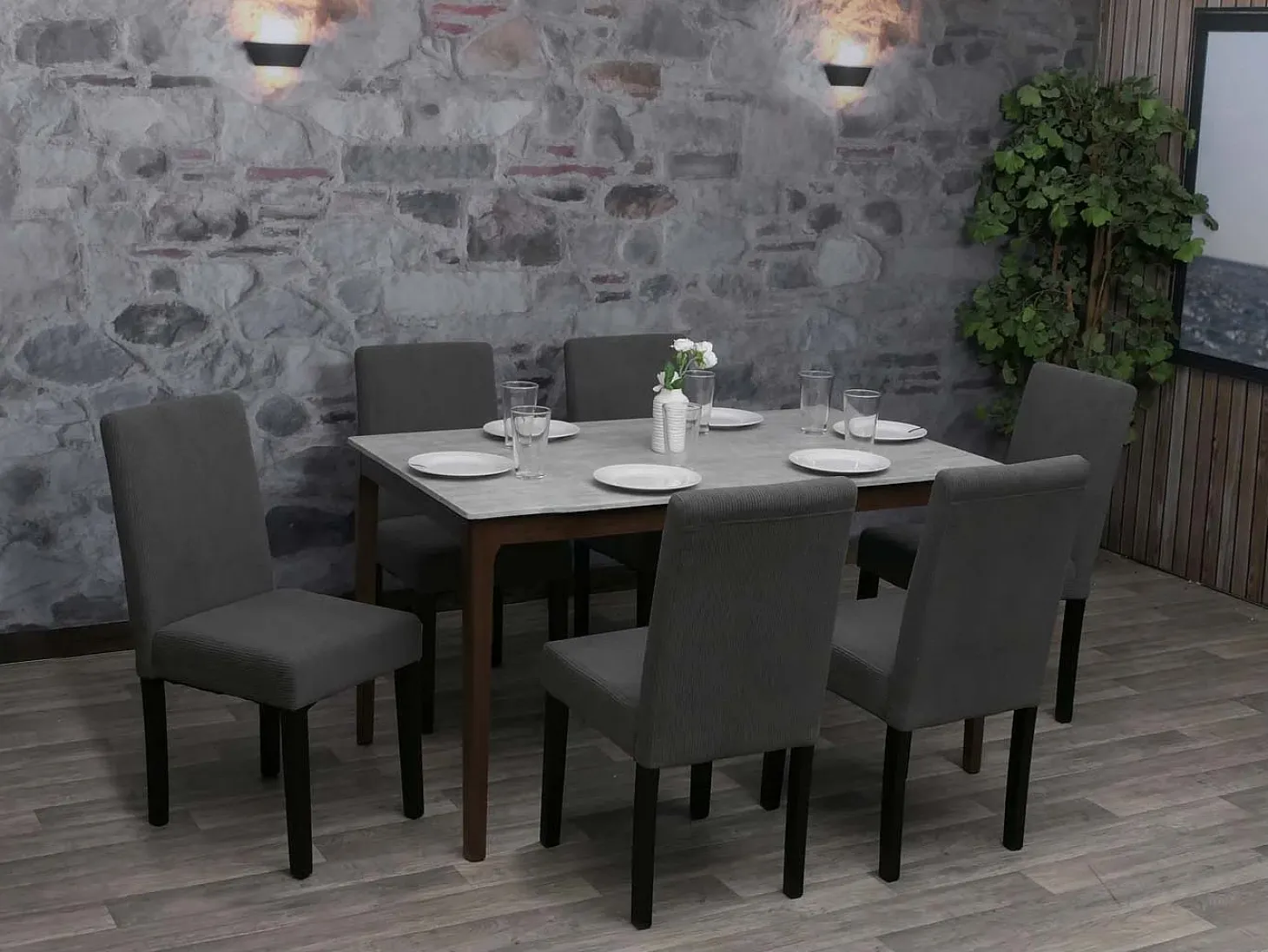 Silla de comedor Littau Cord (set de 2), gris oscuro, patas oscuras