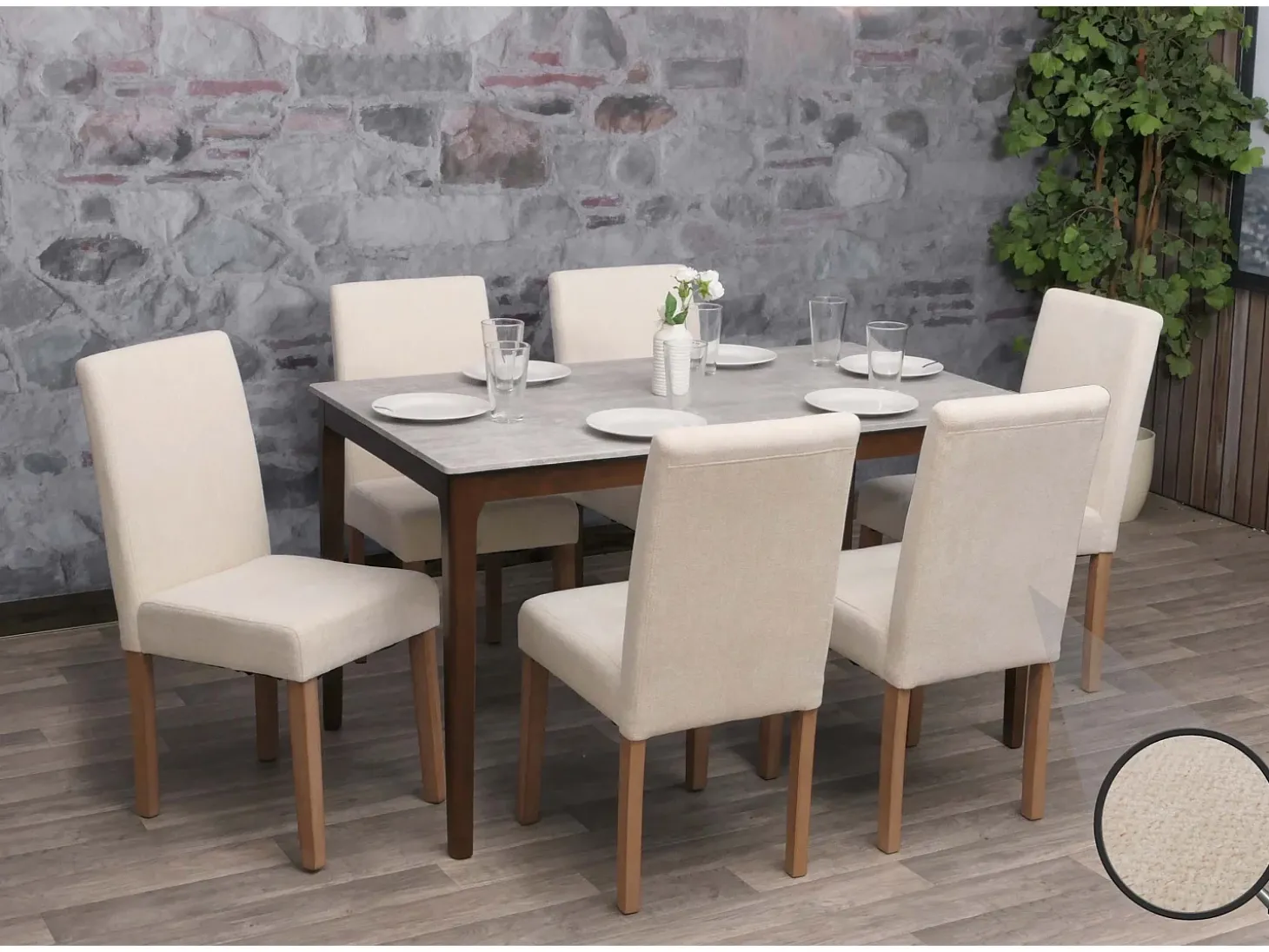 Silla de comedor Littau de chenilla (juego de 6), crema, patas color natural