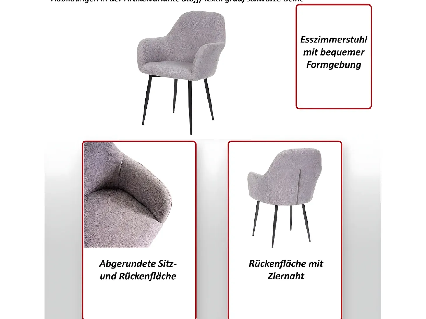 Silla de comedor MCW-F18 (juego de 6), tela/textil gris, patas negras