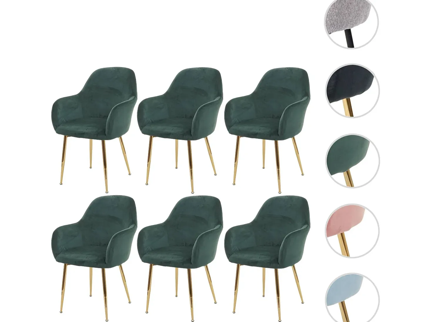 Silla de comedor MCW-F18 (juego de 6), verde terciopelo, patas doradas