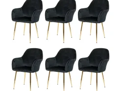 Silla de comedor MCW-F18 (juego de 6), terciopelo negro, patas doradas