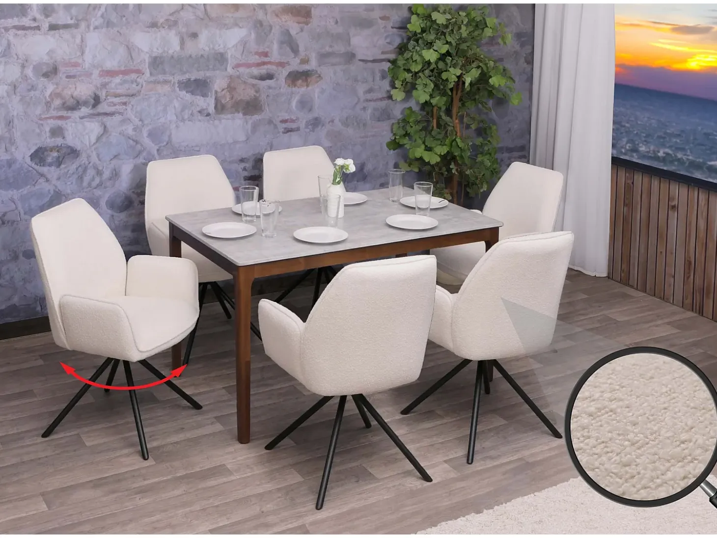 Silla de comedor MCW-G67 Bouclé (set de 6), color crema