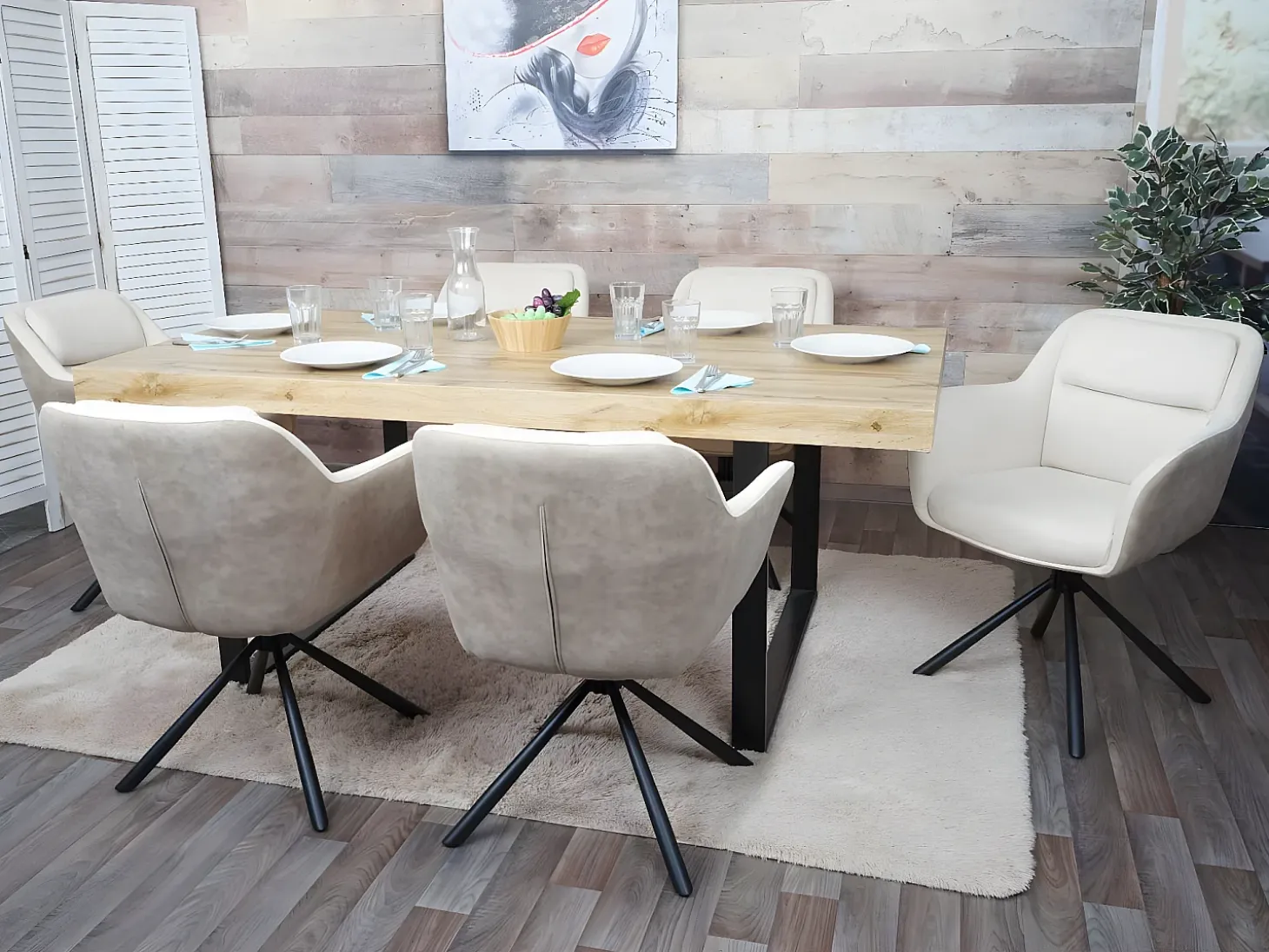 Silla de comedor MCW-K33 (juego de 6), polipiel, crema