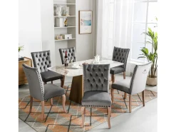 Silla de comedor moderna, en terciopelo gris, con respaldo y patas de madera maciza, juego de 6 (49x63x95 cm)