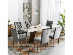 Silla de comedor moderna, en terciopelo gris, con respaldo y patas de madera maciza, juego de 6 (49x63x95 cm)