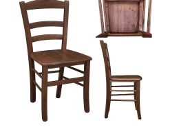 Silla de comedor rústica en nogal oscuro con asiento de madera maciza