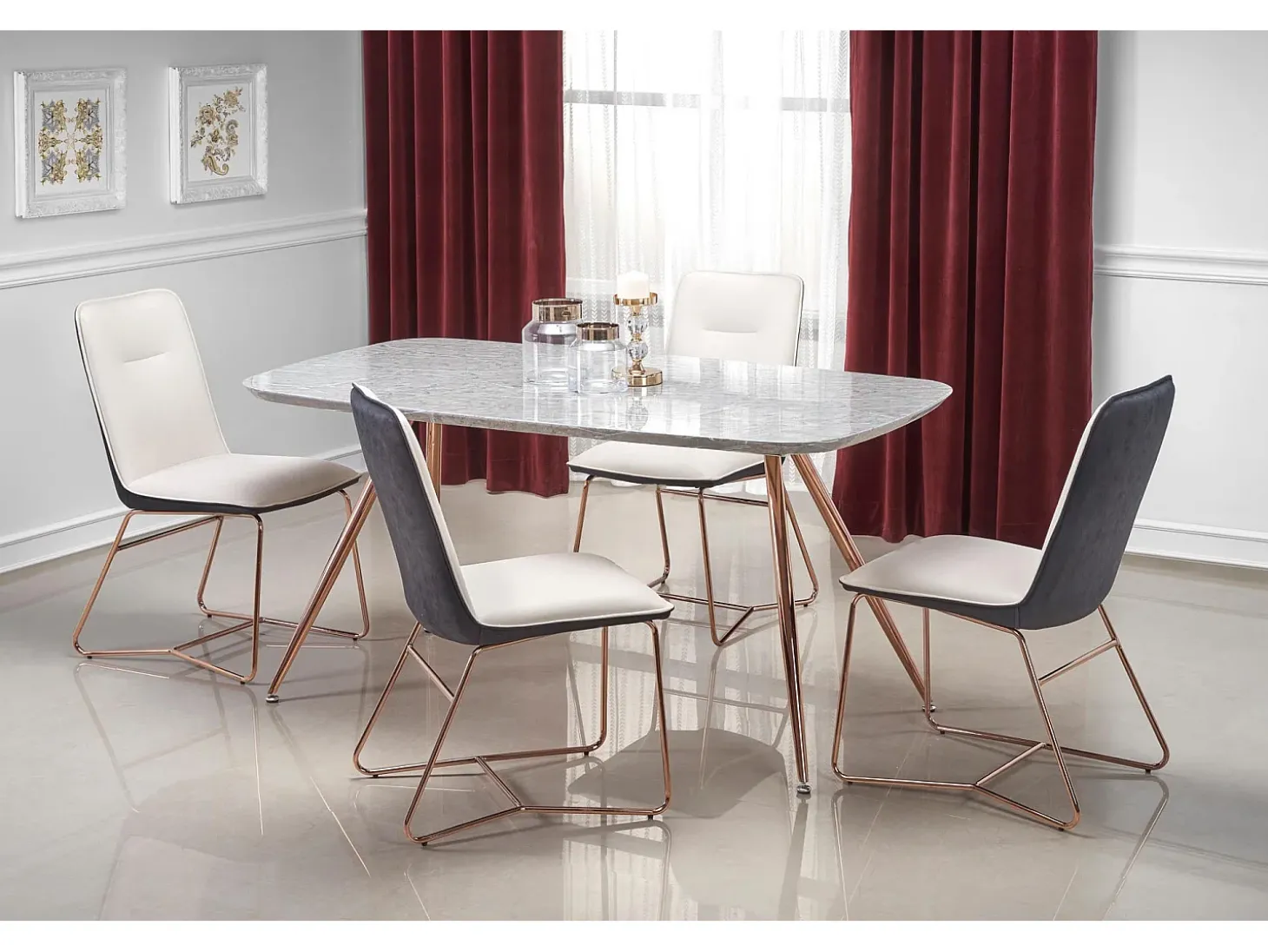 Silla de comedor Saxo beige y gris con base de acero dorado rosa