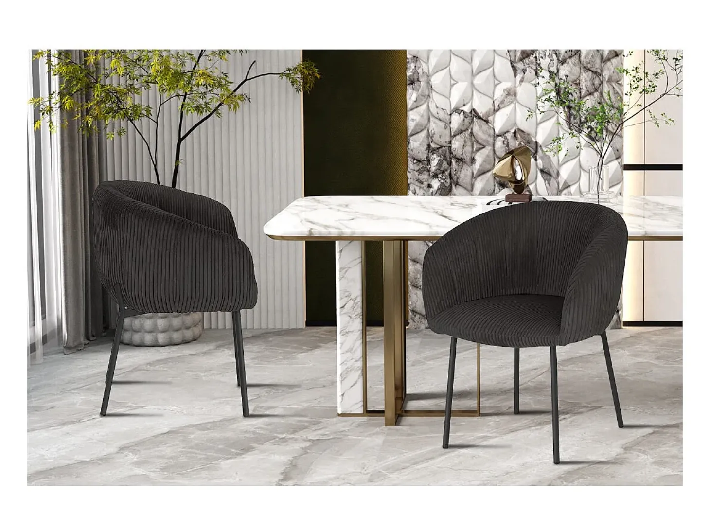 Silla de comedor SEVILLA – Terciopelo acanalado gris – Con reposabrazos – Patas de metal negro – Estilo diseño / industrial