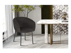 Silla de comedor SEVILLA – Terciopelo acanalado gris – Con reposabrazos – Patas de metal negro – Estilo diseño / industrial