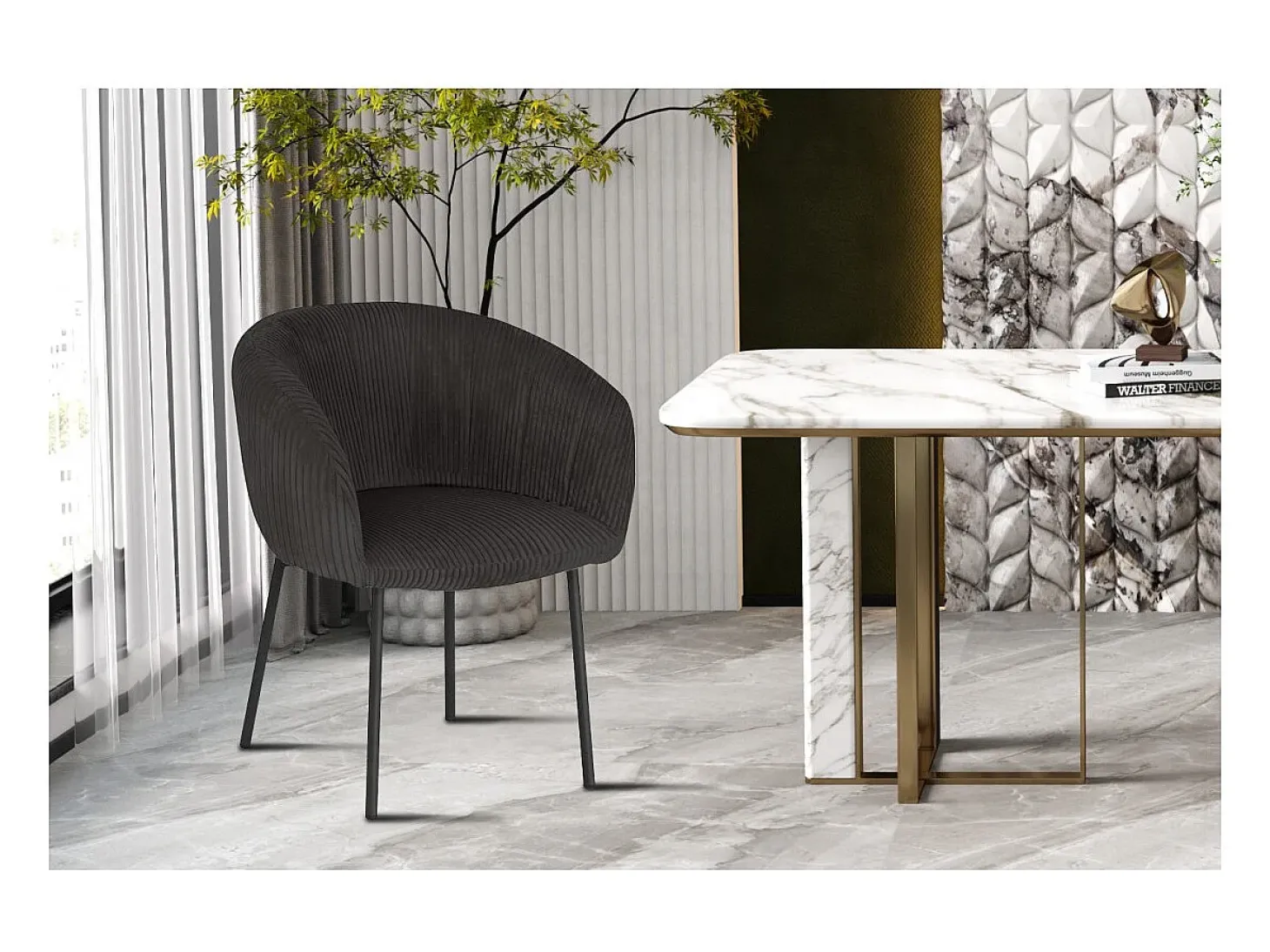 Silla de comedor SEVILLA – Terciopelo acanalado gris – Con reposabrazos – Patas de metal negro – Estilo diseño / industrial