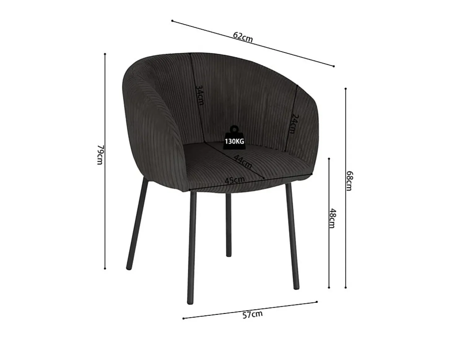 Silla de comedor SEVILLA – Terciopelo acanalado gris – Con reposabrazos – Patas de metal negro – Estilo diseño / industrial