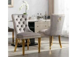 Silla de comedor tapizada de 2 piezas con patas de acero inoxidable cromado, tapizado con tachuelas, tapicería de terciopelo, colores gris y dorado