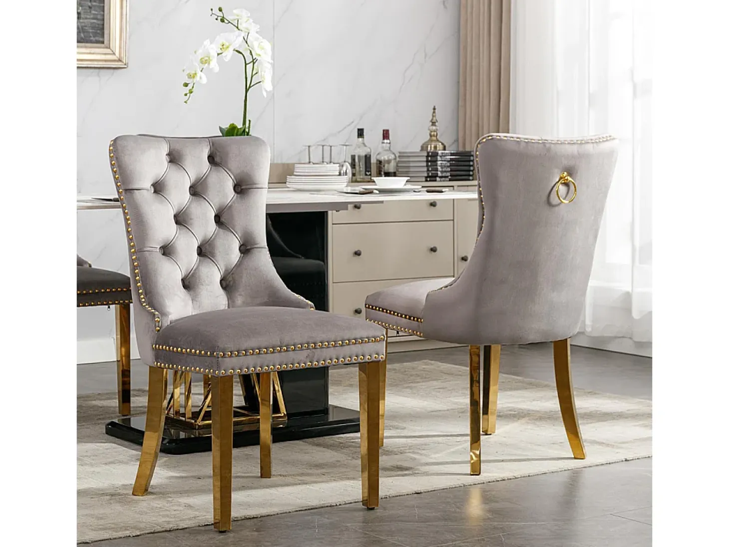 Silla de comedor tapizada de 2 piezas con patas de acero inoxidable cromado, tapizado con tachuelas, tapicería de terciopelo, colores gris y dorado