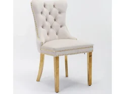 Silla de comedor tapizada con patas de acero inoxidable chapado en oro, tapizado con tachuelas, revestimiento de terciopelo, color beige dorado.