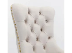 Silla de comedor tapizada con patas de acero inoxidable chapado en oro, tapizado con tachuelas, revestimiento de terciopelo, color beige dorado.