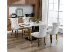 Silla de comedor tapizada con patas de acero inoxidable chapado en oro, tapizado con tachuelas, revestimiento de terciopelo, color beige dorado.