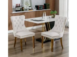 Silla de comedor tapizada con patas de acero inoxidable chapado en oro, tapizado con tachuelas, revestimiento de terciopelo, color beige dorado.