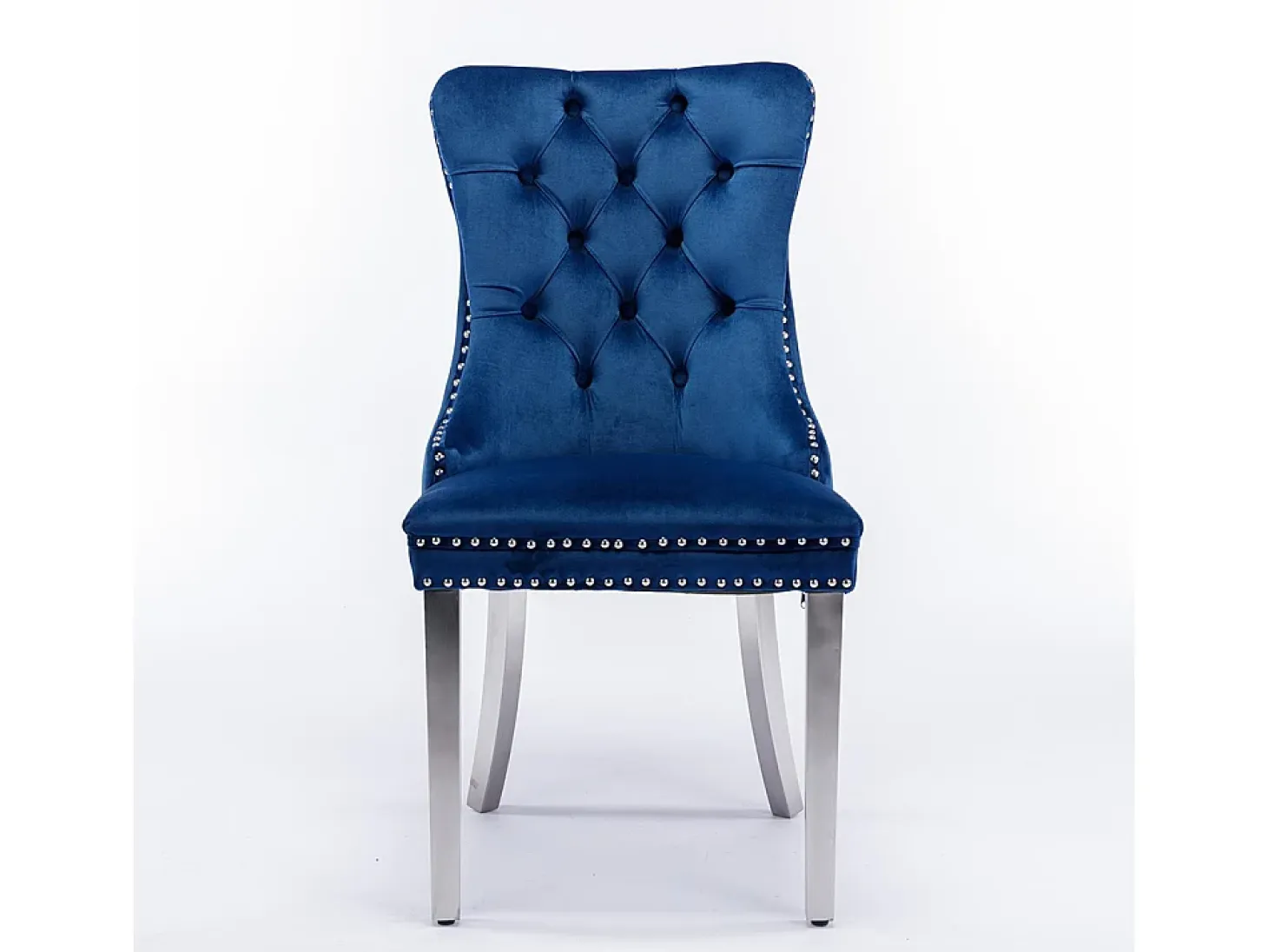 Silla de comedor tapizada de 2 piezas con patas de acero inoxidable cromado, tapizado con tachuelas, tapicería de terciopelo, azul y cromado