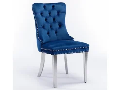 Silla de comedor tapizada de 2 piezas con patas de acero inoxidable cromado, tapizado con tachuelas, tapicería de terciopelo, azul y cromado