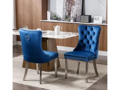 Silla de comedor tapizada de 2 piezas con patas de acero inoxidable cromado, tapizado con tachuelas, tapicería de terciopelo, azul y cromado