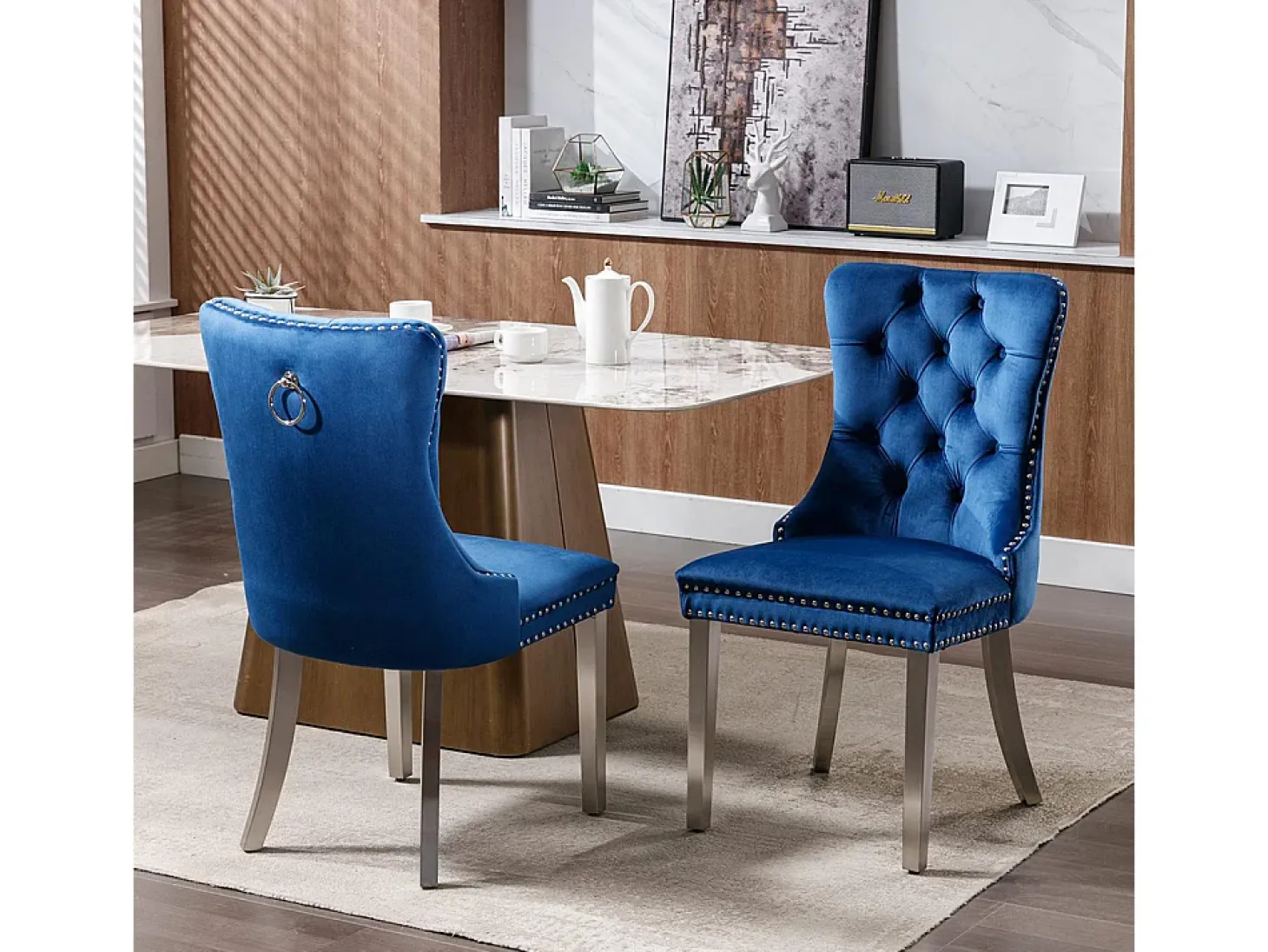 Silla de comedor tapizada de 2 piezas con patas de acero inoxidable cromado, tapizado con tachuelas, tapicería de terciopelo, azul y cromado