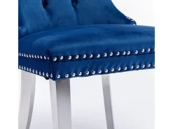 Silla de comedor tapizada de 2 piezas con patas de acero inoxidable cromado, tapizado con tachuelas, tapicería de terciopelo, azul y cromado