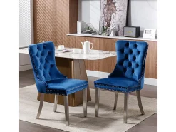 Silla de comedor tapizada de 2 piezas con patas de acero inoxidable cromado, tapizado con tachuelas, tapicería de terciopelo, azul y cromado