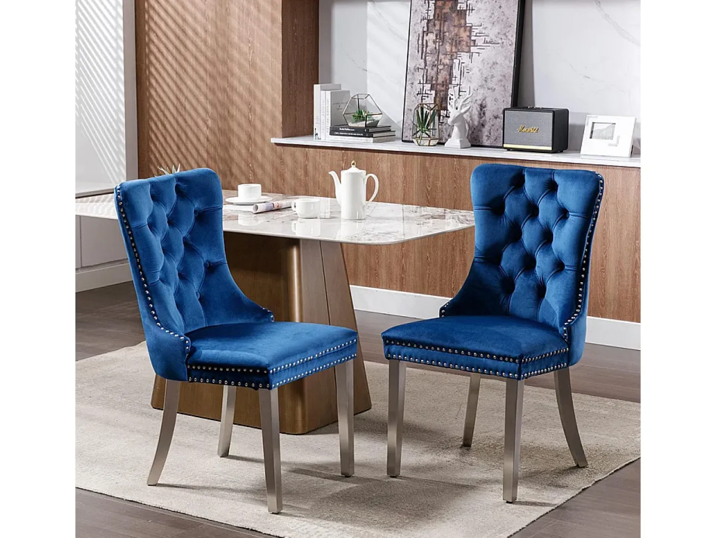 Silla de comedor tapizada de 2 piezas con patas de acero inoxidable cromado, tapizado con tachuelas, tapicería de terciopelo, azul y cromado