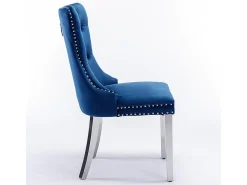 Silla de comedor tapizada de 2 piezas con patas de acero inoxidable cromado, tapizado con tachuelas, tapicería de terciopelo, azul y cromado