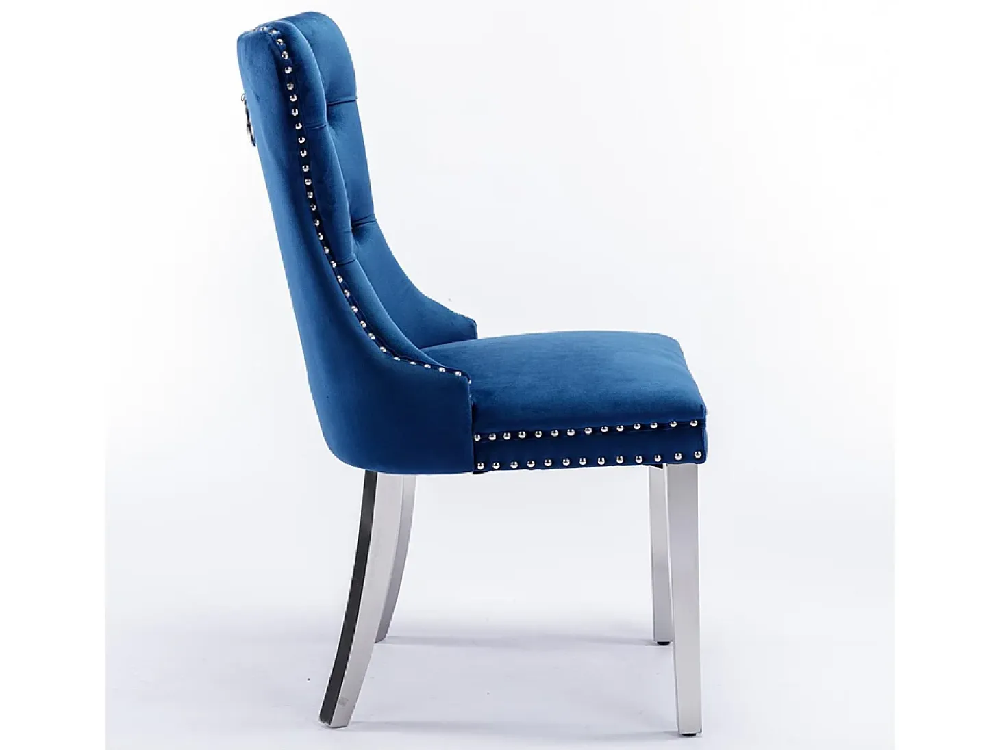 Silla de comedor tapizada de 2 piezas con patas de acero inoxidable cromado, tapizado con tachuelas, tapicería de terciopelo, azul y cromado