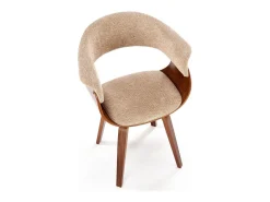Silla de diseño Moonrise de tela beige con base chapada en nogal