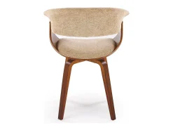 Silla de diseño Moonrise de tela beige con base chapada en nogal