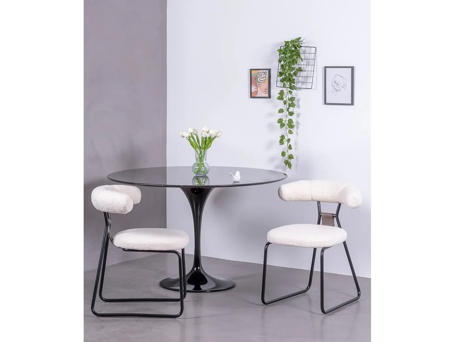 Silla de diseño tapizada en bouclé y patas de acerlo lacado - Oxford - Blanco