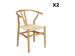 Silla de madera con asiento de cuerda, set de 2 natural