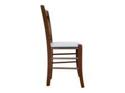Silla de madera en forma de cruz de nogal oscuro con asiento de piel sintética color gris hielo