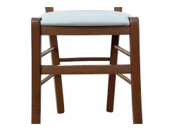 Silla de madera en forma de cruz de nogal oscuro con asiento de piel sintética color gris hielo